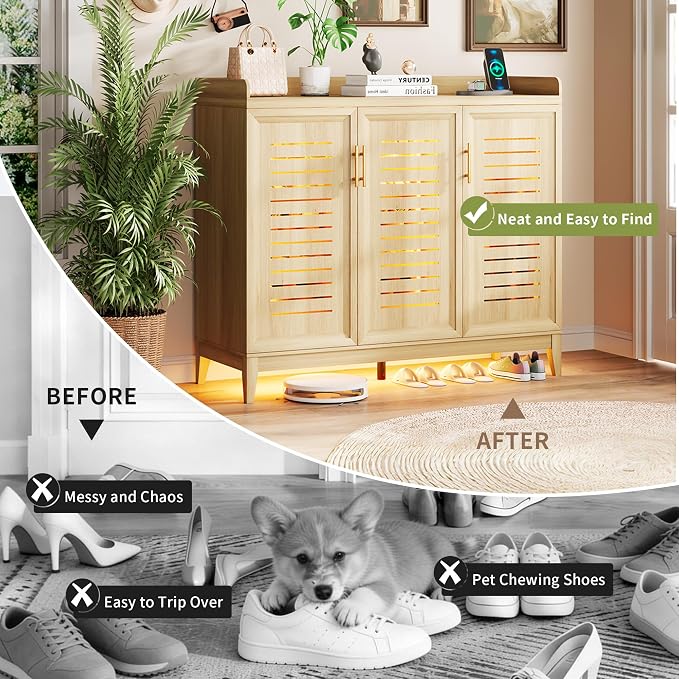 Vlsrka Shoe Storage Cabinet with Shutter Doors and Adjustable Shelves | 6 Tier Wooden Shoe Organizer, Large Capacity, Human Sensor Lighting, 180° Rotating, for Entryway, Hallway, Living Room, Wood