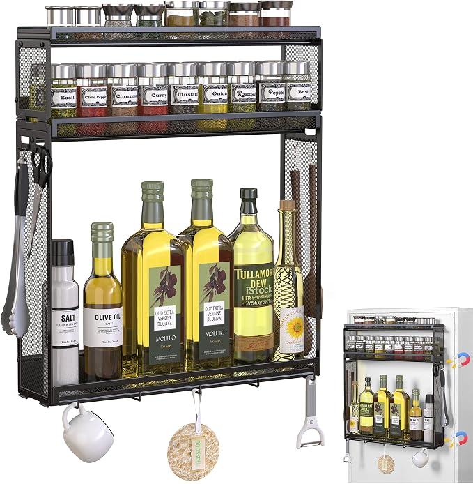 Docnest 3 Tier Refrigerator Magnetic Spice Organizer Shelf with Hooks, Black