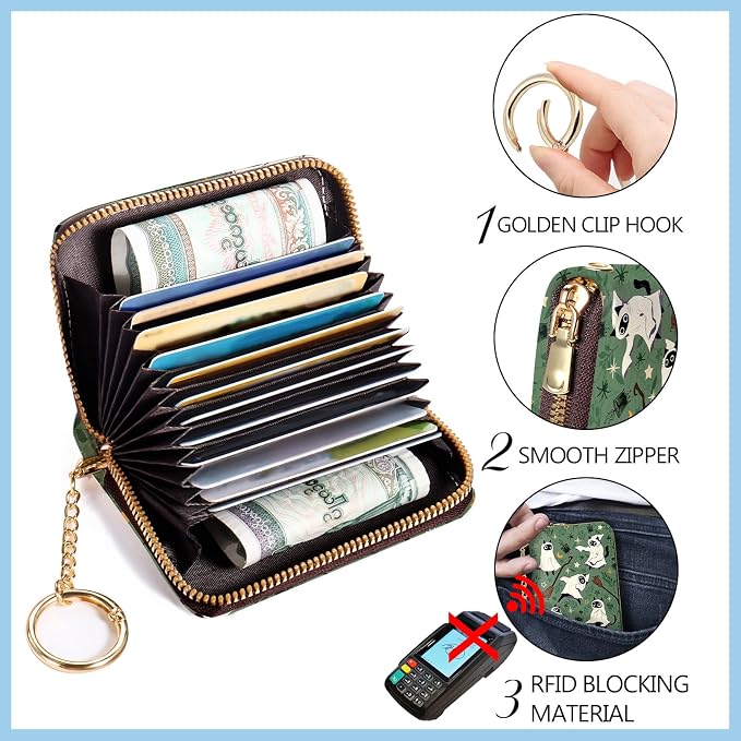 Blusabaca Women Credit Card Holder, Small RFID Wallet with Wristlet Strap | Removable Keychain, Case with Zipper, Vegan PU Leather, Cash Coin Pocket, Business Accordion Purse, Ladies Female Gift