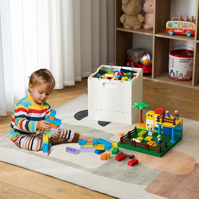 SHIMOYAMA Folding Storage Box with Large Building Lid for Duplo Blocks, 25L Collapsible Storage Bin, 26 Qt. Container (Gray)