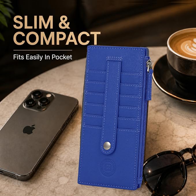 Leatherboss Genuine Leather Women's All in One Credit Business Card Case Holder Slim Zipper Wallet With a Card Protection Strap, Oxford Blue