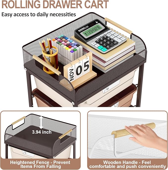 SYKIARIOL 4-Drawer Rolling Storage Cart with Mesh Top, Utility Craft Organizer Cart on Wheels with DIY Labels, Rolling Drawer Cart for Home Office Classroom Bedroom, Brown