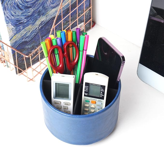 Round Leather Art Supply Organizer,Remote Control Holder,360 Degree Spinning,Multi-Functional Pencil Holder,4 Compartments Desktop Stationary Organizer(1-Oil Blue2)