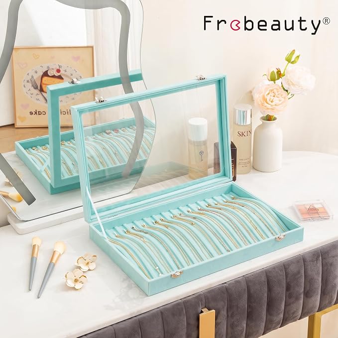 Frebeauty 15 Hooks Necklace Organizer,Velvet Necklace Holder Tray with Lid | Jewelry Organizer for Necklace Pendant Chain,Women Jewelry Box,for Home Use and Jewelry Store,Jewelry Display for Drawer