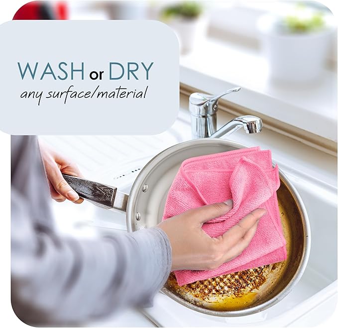 Hearth & Harbor Microfiber Cleaning Cloths, 12 Pack Pink Reusable Towels, Lint Free