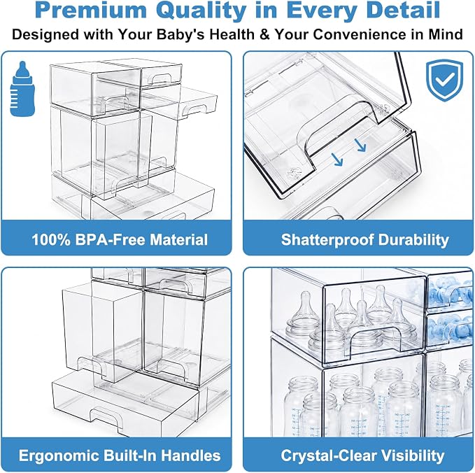 Clear Baby Bottle Organizer, 6-Piece Modular Stackable Acrylic Bins Set | BPA-Free Heavy-Duty Acrylic; Fits Breast Pump Parts, Nipples & Pacifiers; Space-Saving Nursery Cabinet & Drawer Organizer