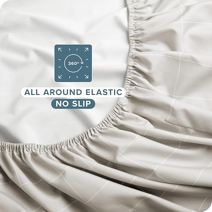 Bare Home Split King Sheet Set - 1800 Ultra-Soft Microfiber Bed Sheets - Double Brushed - Deep Pockets - Easy Fit - 5 Piece Set - Bed Sheets & Pillowcases (Split King, Grid - Stone/White)