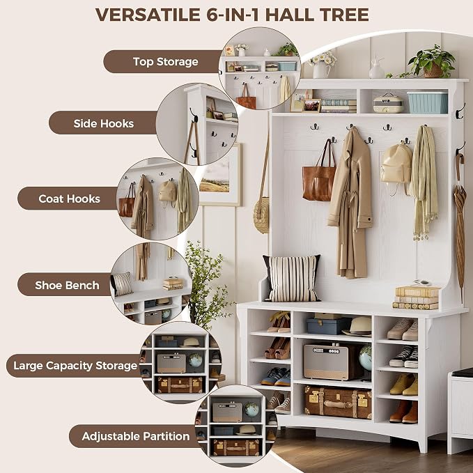 IRONCK 80" H 47" W Large Hall Tree with Bench and Shoe Storage, 6-in-1 Entryway Bench with Coat Rack, Adjustable Shelf, Hanging Hooks, 11 Shoe Cubby, 2 Tier Top Storage for Entryway and Bedroom, White