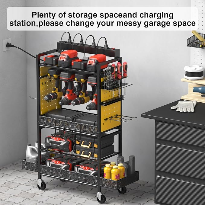 CCCEI Garage Power Tools Organizer Cart with Charging Station, Yellow Floor Standing Rolling Drill and Tools Battery Storage Cart on Wheels. Utility Rack Gift for Men, Husband, Father.