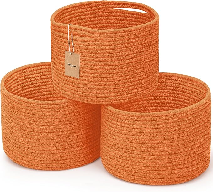 Small Rope Baskets for Storage, Baskets for Gifts Empty, Cute Round Woven Basket, Decorative Shelf Baskets 9.82×9.82×7.1", Cotton Toy Basket Storage Bins for Organizer 3 Packs-Orange