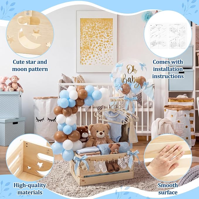 Wooden Baby Shower Crate Closet with Hanger Rack, Blue and Brown Bow Baby Gifts Basket with Balloon Accessories, DIY Babies Welcome Box for Pregnancy New Parent