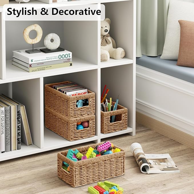 Vagusicc Wicker Storage Basket, Set of 2 Hand Woven Wicker Baskets for Organizing with Handles, Decorative Small Storage Bins for Countertop Toilet Paper Basket for Toilet Tank Top, Shelves, Natural