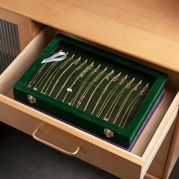 Frebeauty 15 Hooks Necklace Organizer,Velvet Necklace Holder Tray with Lid | Jewelry Organizer for Necklace Pendant Chain,Women Jewelry Box,for Home Use and Jewelry Store,Jewelry Display for Drawer