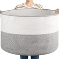 OIASKET XXL Large Blanket Basket with Handles, 105L Woven Storage Basket for Living Room, Cotton Rope Baby Toy Storage for Clothes, Pillows, Towels-Grey & White