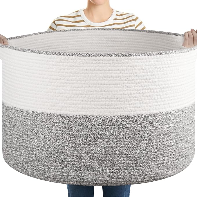 OIASKET XXL Large Blanket Basket with Handles, 105L Woven Storage Basket for Living Room, Cotton Rope Baby Toy Storage for Clothes, Pillows, Towels-Grey & White