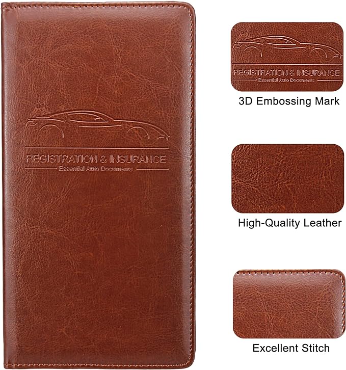 LumiMokki Premium Car Registration & Insurance Card Holder with Magnetic Shut, Vehicle Glove Box Car Organizer - For Documents, Cards, License (Brown)