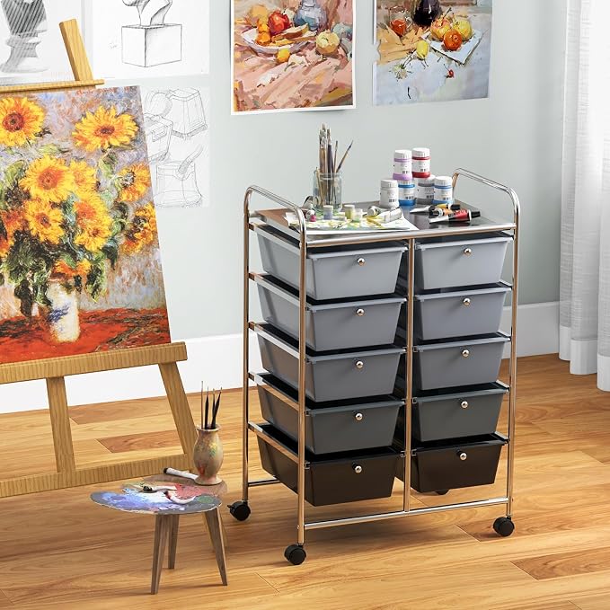 RELAX4LIFE Rolling Storage Cart with 10 Drawers - Craft Storage Cart with Lockable Wheels,Utility Cart, Art Cart Organizer for Crafting Storage, Office, School Rolling Drawer Cart (Gradient Black)