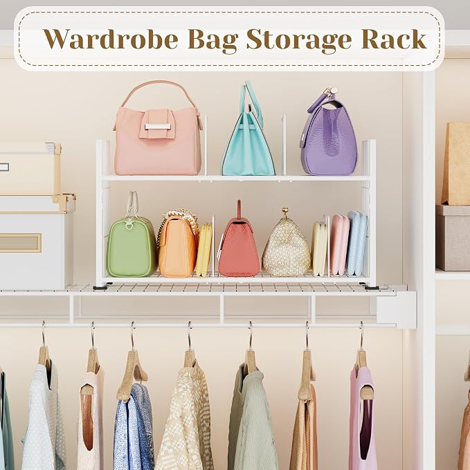 koozuuyk Purse Organizer for Closet-2 Tier Handbag Wire Organizer Rack with 6 Adjustable Shelf Dividers,Handbag Storage Holder for Purses,Totes,Clutches&Chain Bags
