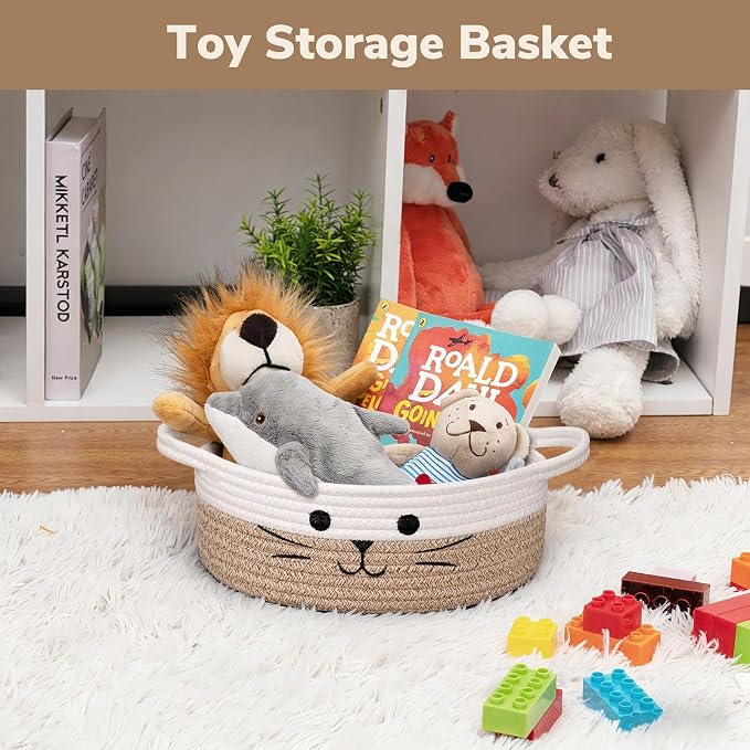 Cute Cat Toy Basket, Gift Baskets Empty for Home Decor, Soft Woven Basket for Living Room, Decorative Storage Baskets for Diaper Caddy, White & Brown, 9.8 x 4 inches