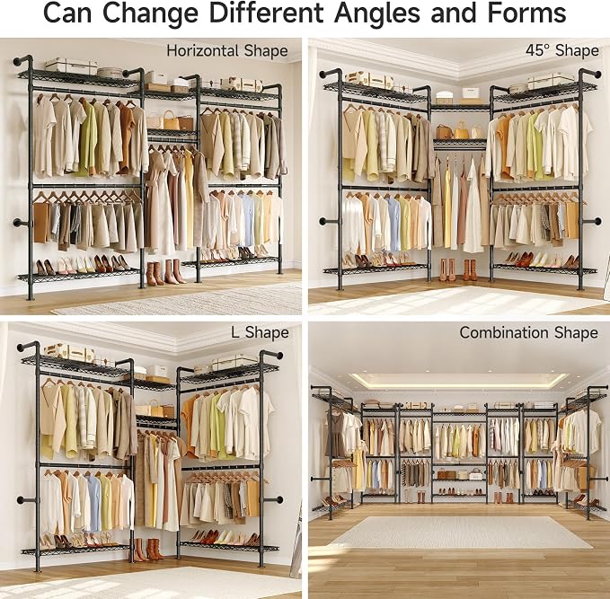 ONBRILL H3 Plus Expandable Wall Mounted Closet System, 5.7FT-8.2FT Closet Organizer with 4 Telescopic Shelves & 5 Adjustable Rods, Industrial Pipe Clothing Rack for Walk-in & Reach-in Closet (Black)