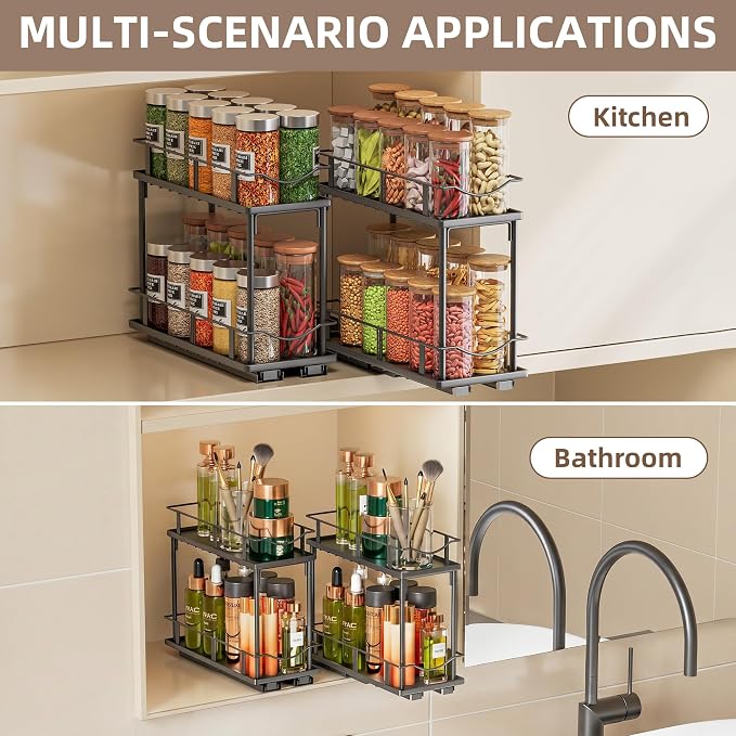Bunoxea Pull Out Spice Rack 2 Pack,Slide Out Cabinet Spice Rack,Black | 2-Tier Rack, Full Extension Ball Bearing Glides, 10.7"Dx4.8"Wx8.85"H, Kitchen Pantry,Narrow Cabinet Spice Storage Organizer