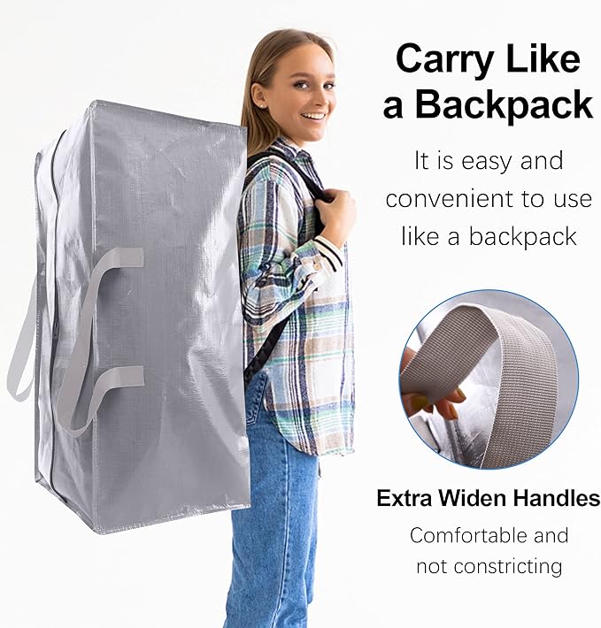 VELVETSURE 12 Pack Heavy Duty Extra Large Moving Bags W/Backpack Straps - Strong Handles & Zippers, Storage Totes For Space Saving, Fold Flat, Alternative to Moving Box and Storage Bin, Silver