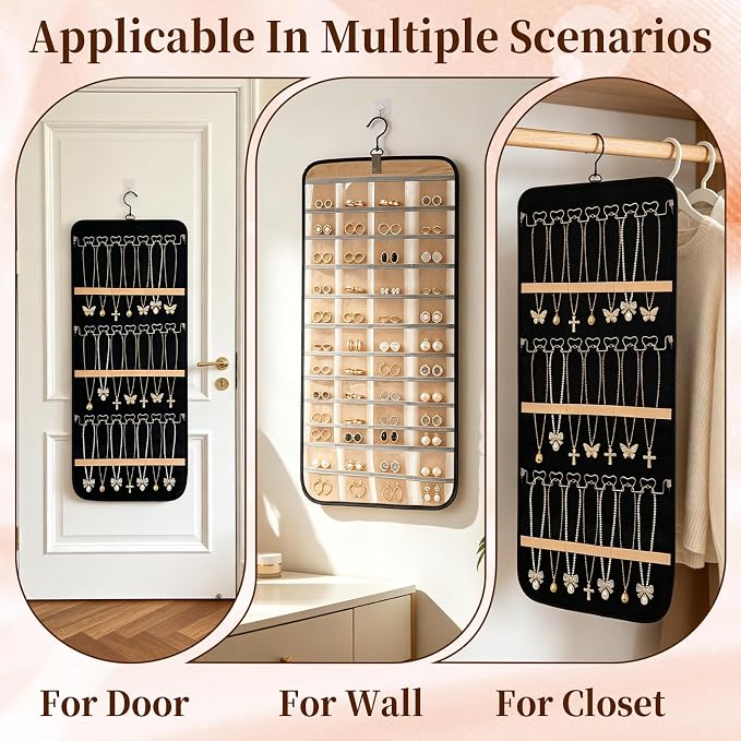 Double-Sided Hanging Jewelry Organizer 48 Pockets 21 Hooks Large Black Storage Bag Jewelry Organizer with Hanger for Closet Wall Door Tangle-Free Holder for Earrings Necklaces Rings Bracelets