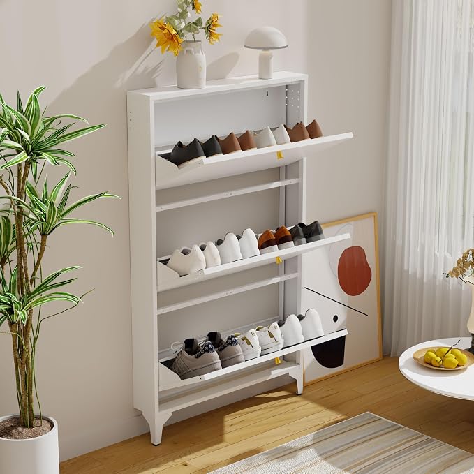Freestanding Shoe Cabinet with 3 Flip Drawers-Metal Narrow Shoe Rack for Entryway,Hallway,Living Room-Hidden Metal Shoe Cabinet (3 Door, White)