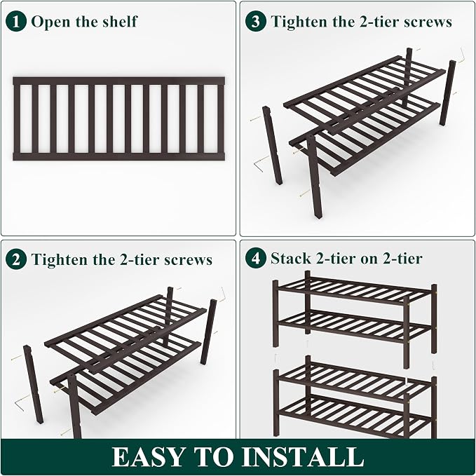 Smiry Bamboo Shoe Rack, 4 Tier Free Standing Wooden Shoe Organizer, Stackable Wood Shoe Storage Shelf for Closet, Entryway, 12 Vertical Slats, 2+2 Stack Standard Legs, 26.8"x11"x26", Brown