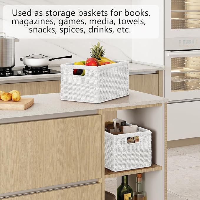 Vagusicc 2 Packs Large Wicker Storage Basket, Closet Storage Baskets Bins for Shelves, Decorative Collapsible Baskets for Organizing Clothes Toy Nursery Bathroom Organizers and Storage, White