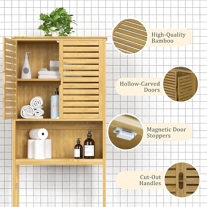 Yardenaler Over-The-Toilet Storage Shelf with Doors, Bathroom Freestanding Bamboo Organizer Space Saver with Adjustable Shelf, Natural