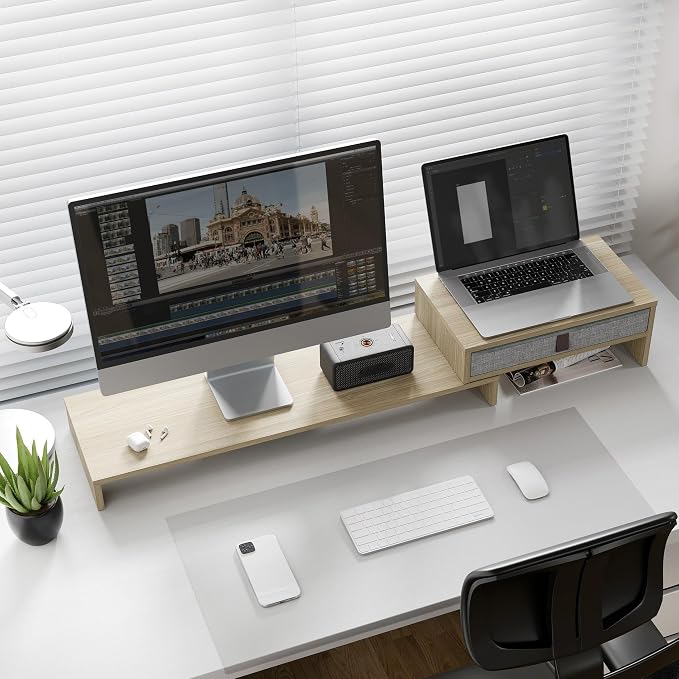 Fenge Triple Monitor Stand with Srorage Drawer, Adjustable Length and Angle | Computer Monitor Riser for 2 or 3 Monitors, Wooden Desktop Laptop Stand, Office Organizer for PC, Screen, Tablet, Oak