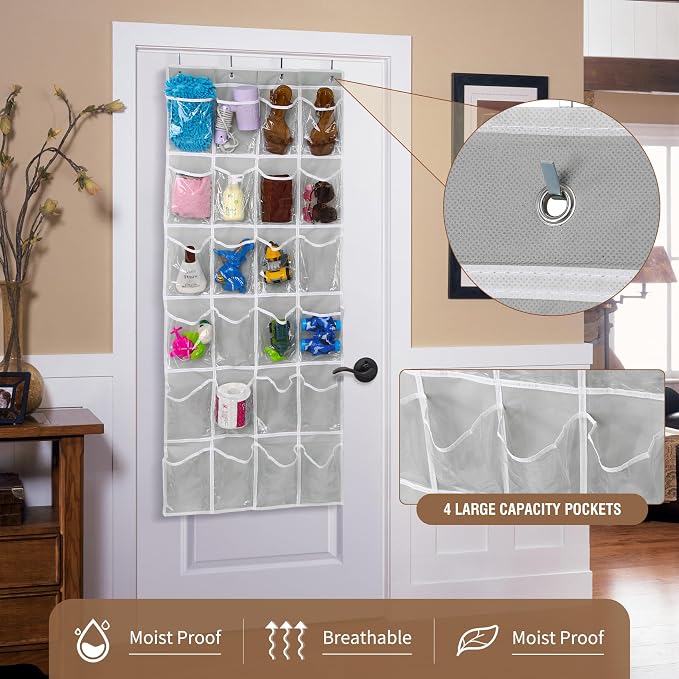 GOMAJI Over the Door 24 Pocket Hanging Shoe Organizer, Space Saving Hanging Storage Holder, Gray, (64" X 19")