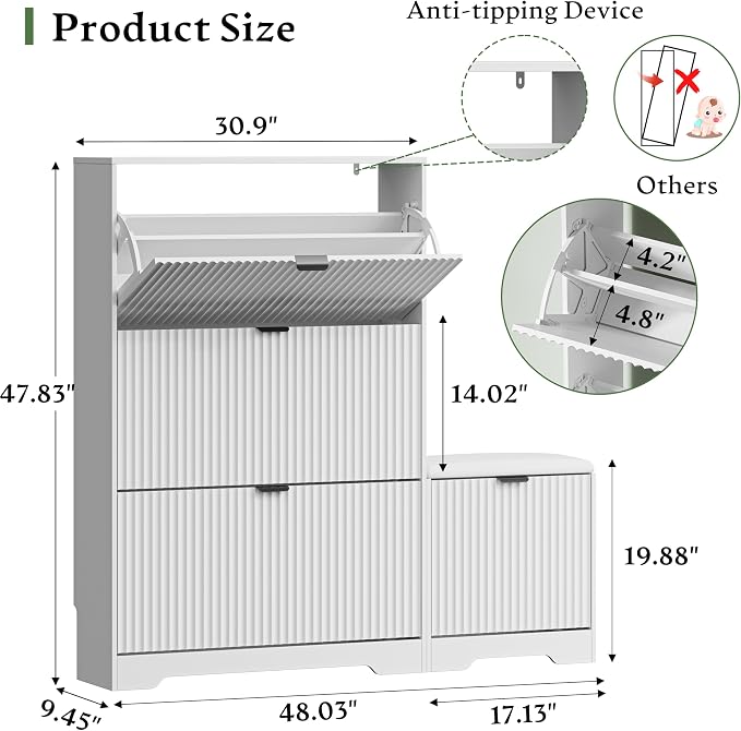Xixini Shoe Storage Cabinet for Entryway with 3 Flip Drawers & Bench, Slim Wood Shoe Organizer with Modern Fluted Panel, Freestanding Narrow Shoe Rack for Front Door Entrance, Hallway, Foyer, White