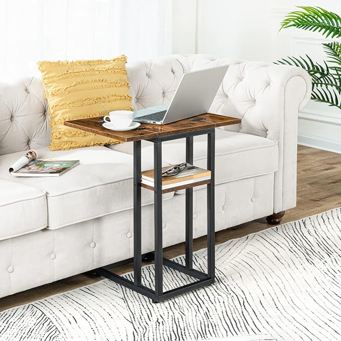 HOOBRO Foldable C Shaped End Table, C Shaped Side Table with Storage Shelf, Small Snack Table, Slide Under Couch Table for Sofa, Living Room Bedroom Small Spaces Easy Assembly, Rustic Brown BF29SF01