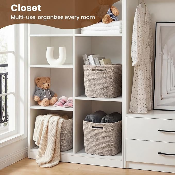 Storage Baskets for Organizing, 14 x 10 x 9” Closet Shelf Woven Baskets, Square Bins with Handles, Cotton Rope Basket for Clothes, Office, Room, Brown 1 Pack