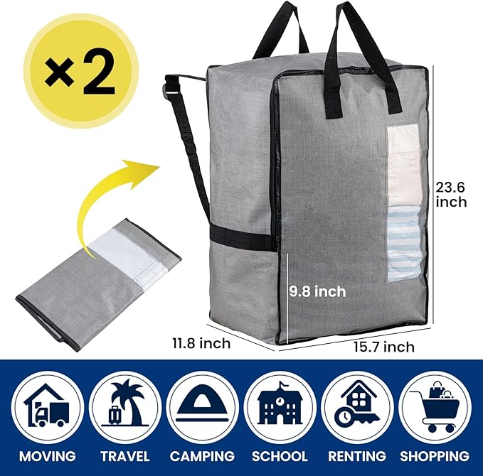 TAILI 2 Pack Gray Moving Bags w/Adjustable Backpack Straps, Moving Supplies, Moving Boxes Alternative, Heavy Duty Storage Totes for College Packing, Camping Backpack for Travel, Dorm, Laundry