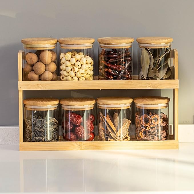 Basicwise Versatile 2-Tier Bamboo Spice Rack and Pantry Organizer with 8 Glass Jars – Perfect for Countertop Storage in Kitchens to Keep Seasoning Containers Neatly Displayed and Easily Accessible
