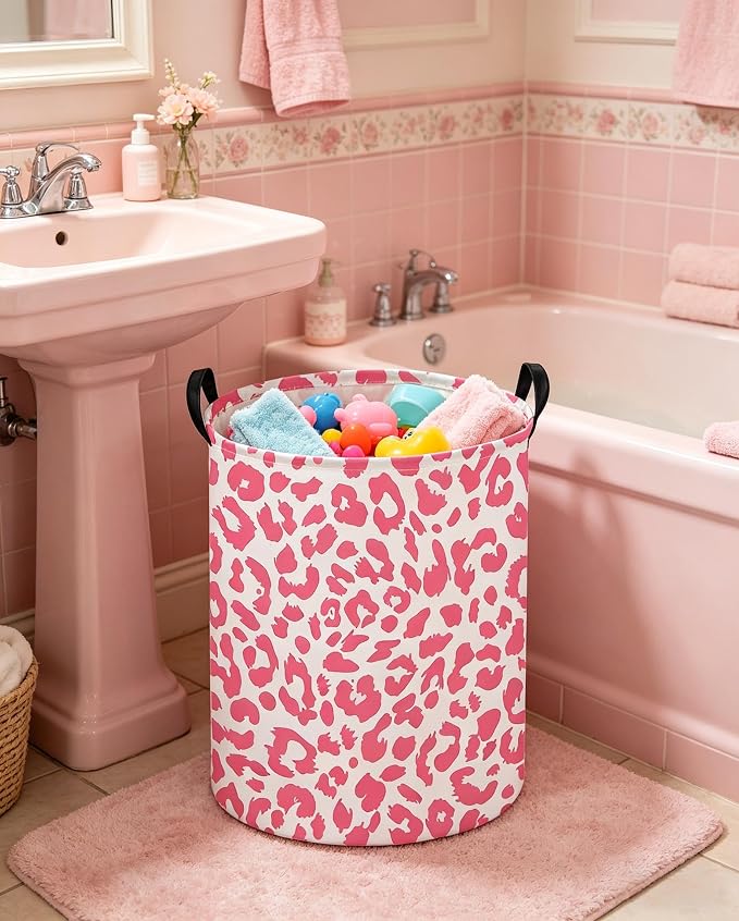 Pink Leopard Print Hamper,Baby Laundry Hamper,Waterproof Collapsible Baby Storage Baskets for Kid Room Decor,Clothes Organizer Basket,Gift Baskets(Pink Leopard Print)