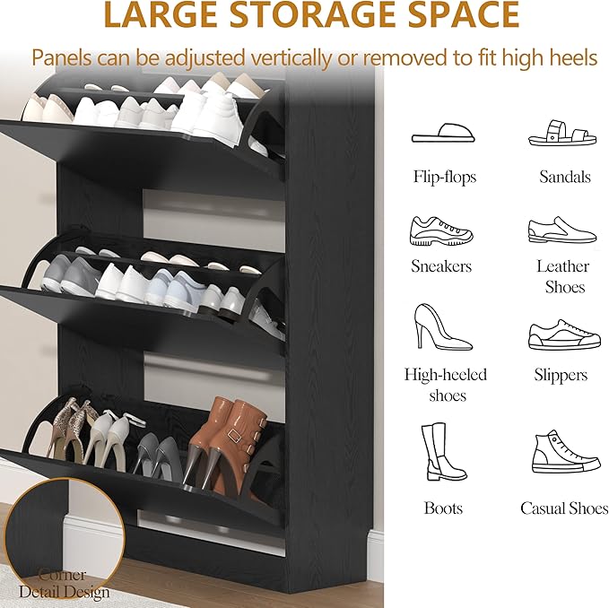Wodeer Narrow Shoe Cabinet for Entryway, Slim Shoe Storage Cabinet with 3 Flip Drawers, Hidden Wood Shoe Cabinet Storage, Freestanding Shoe Rack Organizer Foyer, Hallway, Black