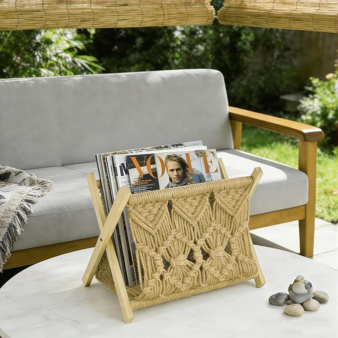 Boho Macrame Magazine Holder,Hand-Woven Magazine Rack for Home Office | Multifunctional Storage Basket for Letters, Magazines, Books and Newspapers