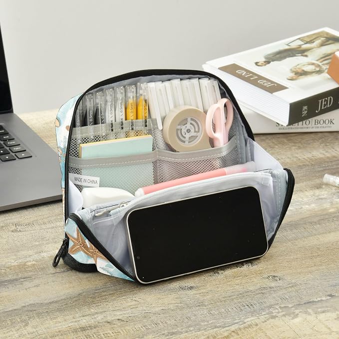 Wusikd Pencil Pouch Storage Pouch Seashells Pencil Case Large Capacity Desk Organizer Stationery Makeup Bag Marker Starfish Big Pen Case for Teen Boys Girls School Students