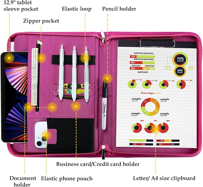 ProCase Portfolio Business Padfolio Folder with Zipper -Magenta | Conference Meeting Executive File Legal Document Organizer with Pockets Letter Size A10 Writing Pad Notepad Padfolio