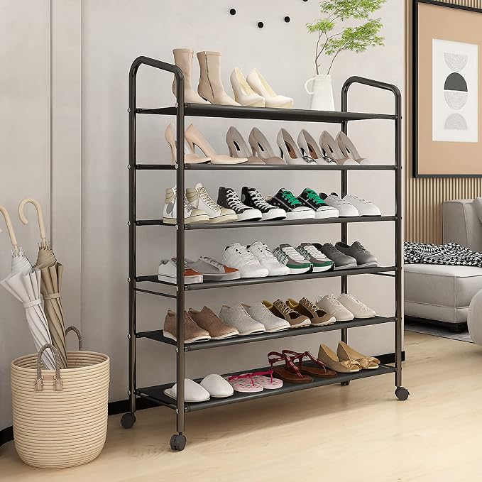 Tall 6-Tier Metal Shoe Rack,Non-Woven Fabric Shoe Shelf,Large Storage Racks with Locking Wheels,Rolling Shoe Storage Organizer Shoe Stand Holders,for Garage Closet Dorm,Black
