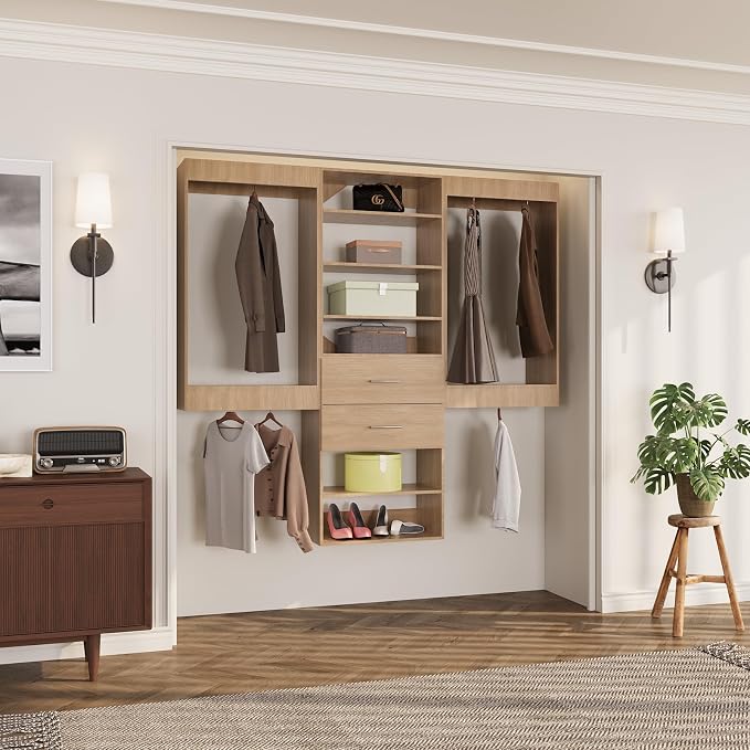 ROOMTEC Modular Closet System, 72" Wall Mounted Closet Organizer with Hanging Rods and Drawers, Wooden Tower for Walk-In Closets, Wardrobe Storage Kit, Wood