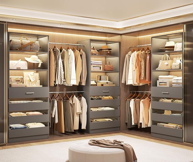 Aheaplus Closet System with 12 Drawers, 8.5-11.5Ft Wood Closet Organizer System with 4 Hanging Rods & 3 Towers, 4Ft & 6Ft L-Shaped Walk-in Closets Wardrobe Organizer Clothes Rack, Set of 3, Grey