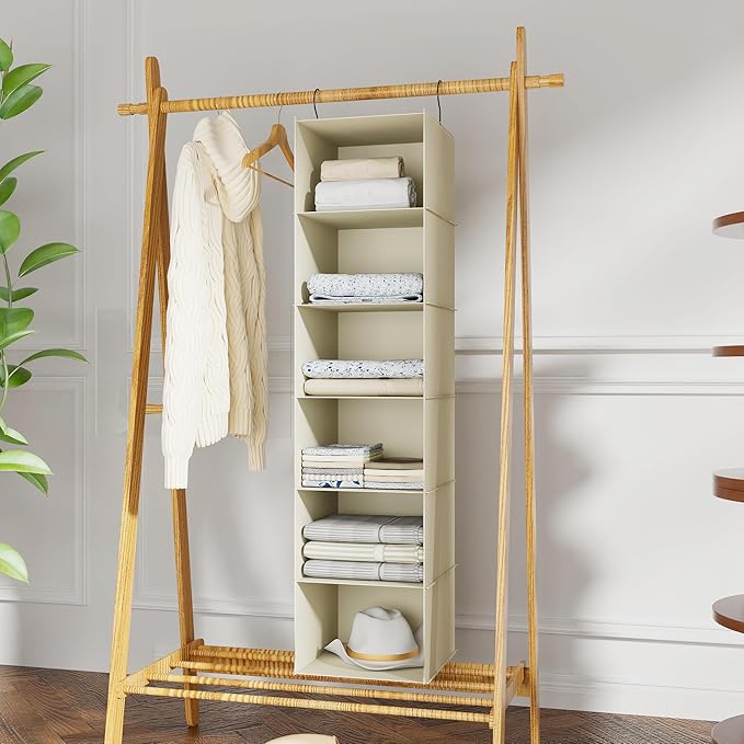 Hanging Closet Organizer, Easy Mount Foldable 6-Shelf Hanging Closet Wardrobe Storage Shelves, Clothes Handbag Shoes Accessories Storage, Washable Oxford Cloth Fabric, Beige