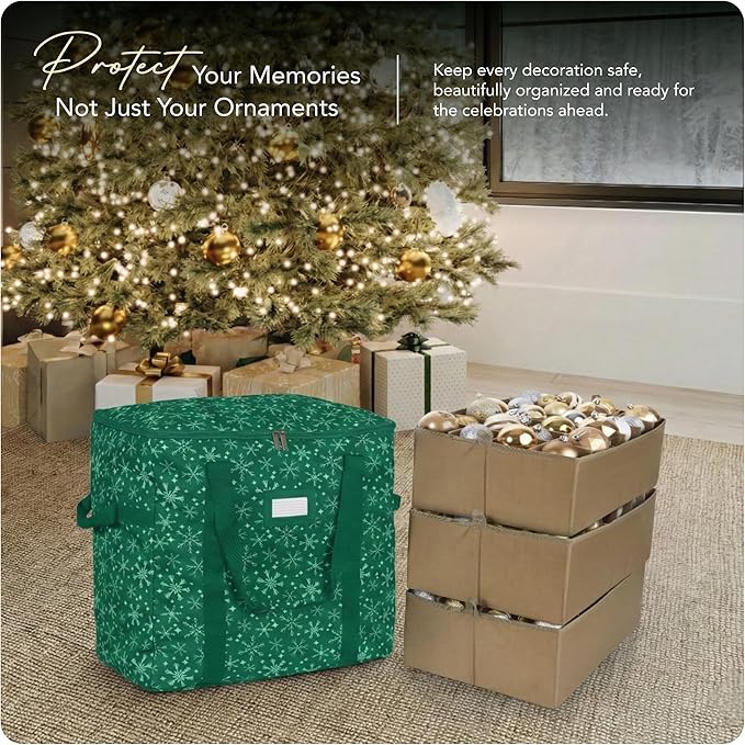 Covermates Keepsakes Adjustable Ornament Storage Bag – Heavy-Duty Polyester, Padded Dividers & FlexGrid Trays – Protective Holiday Ornament Organizer with Handles & Label Window, Green Snowflake