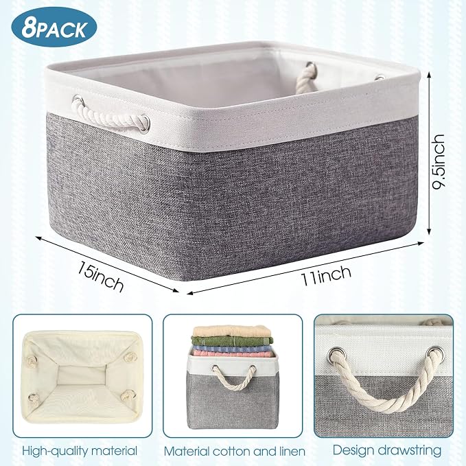 meekoo 8 Pack Collapsible Storage Bins Fabric Storage Bins Polyester Fabric Baskets with Handles Linen Closet Organizer for Shelf Home Closet Towels Toys(15 x 11 x 9.5 in,Gray White)