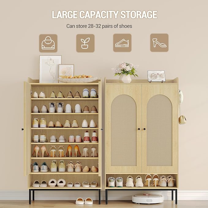 Hzuaneri Shoe Cabinet with Doors, 7-Tier Shoe Storage Cabinet with Adjustable Shelves, Wooden Shoes Organizer Cabinets with Top Storage Layer, 28-32 Pairs, for Entryway, Hallway, Rattan SR68702Y